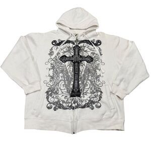 Y2K Avirex Hoodie Mens White Full Zip Cross Graphic Embroidered Grunge  2XL
